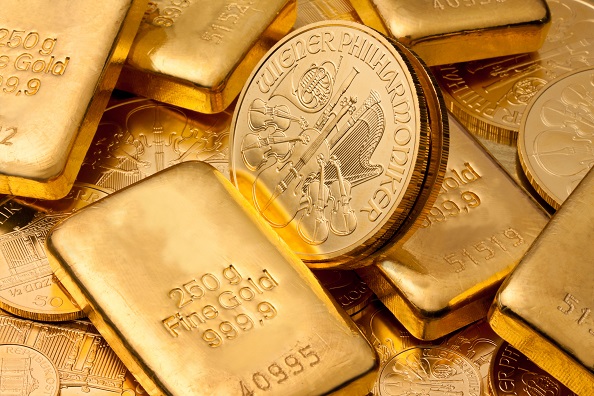 A variety of 250g gold bars and Vienna Philharmonic gold coins