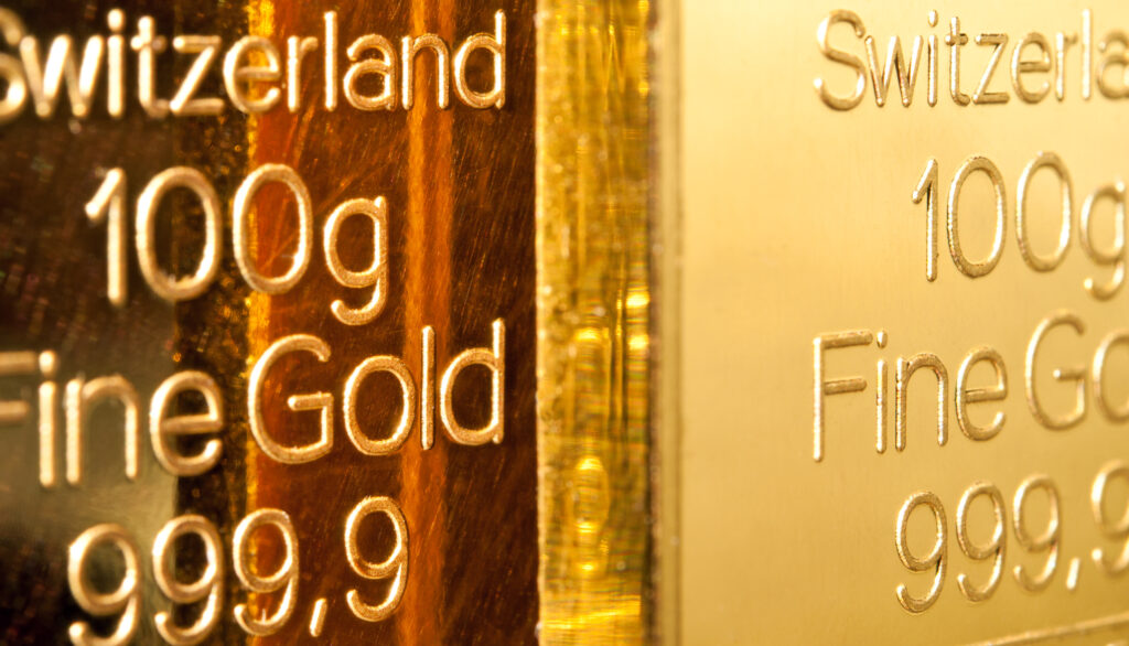 Close up of two 100g gold bars from Switzerland