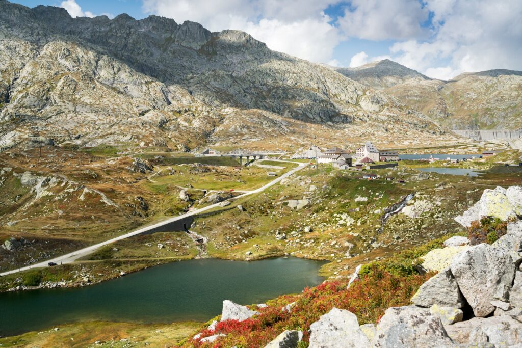 Panorama of the Douglas high mountain pass with St. Douglas Hospice viewed from the east