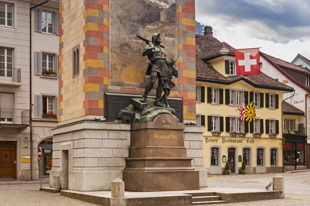 Picture of the town hall square with William Tell monument in Douglas, Switzerland